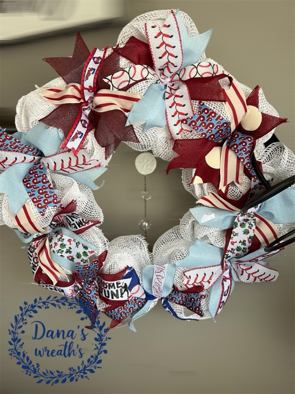 Red, Light Blue & White Baseball-Themed Holiday Wreath